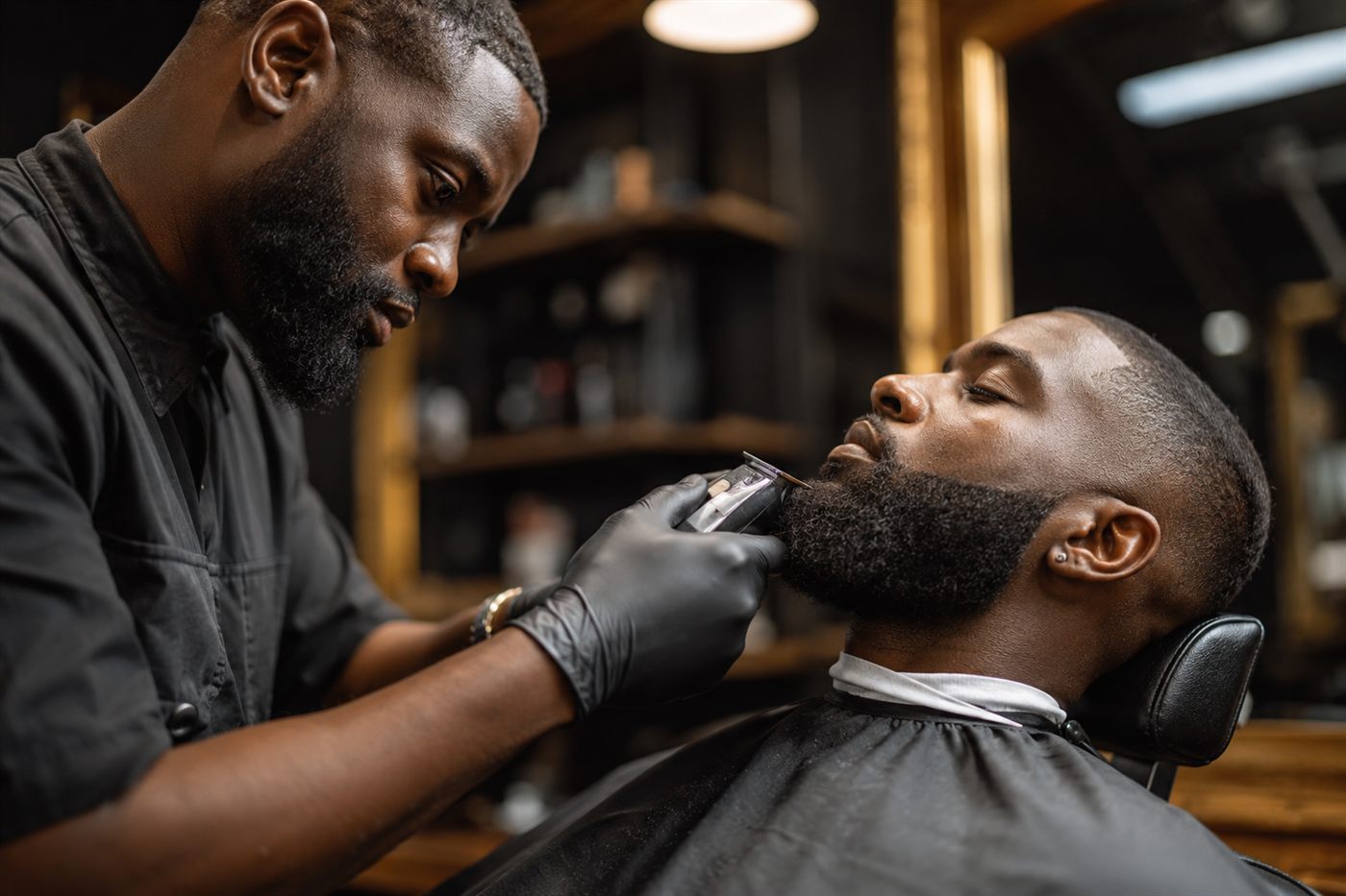 A beard being shaped with a trimmer and a hot towel ready.