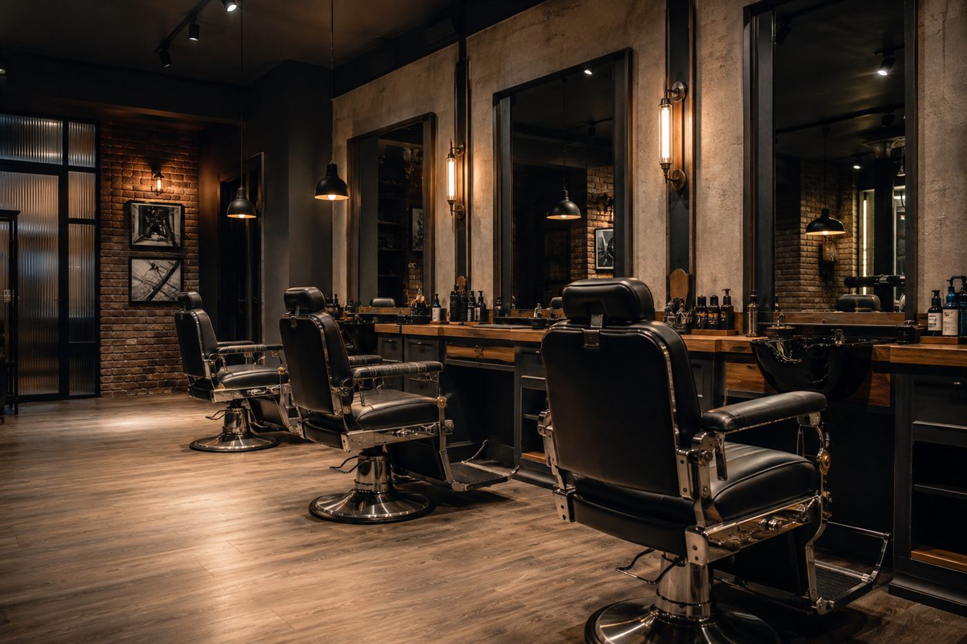 The row of barber chairs along the mirrors.