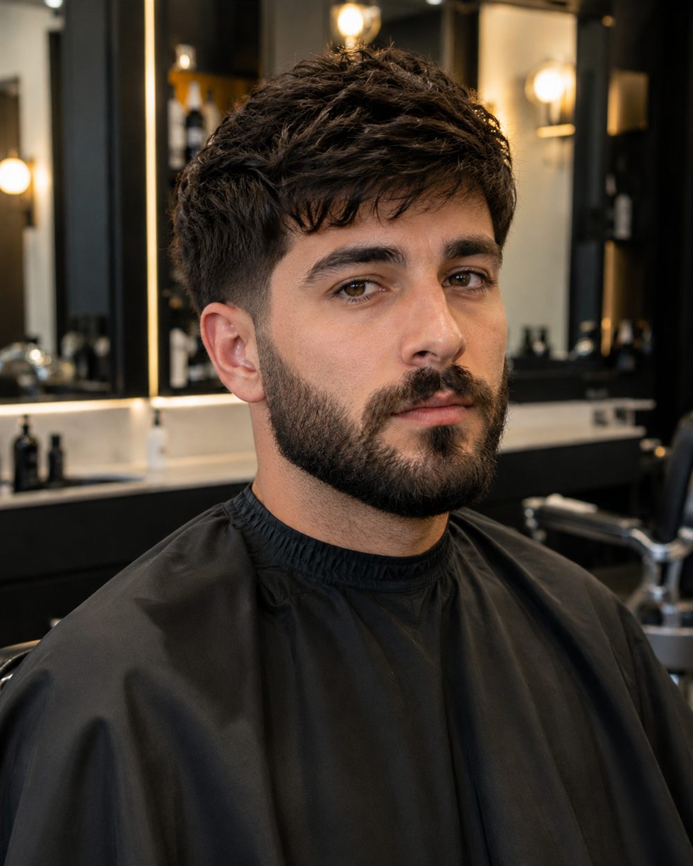 The same client after a textured crop with a mid fade and a shaped beard.
