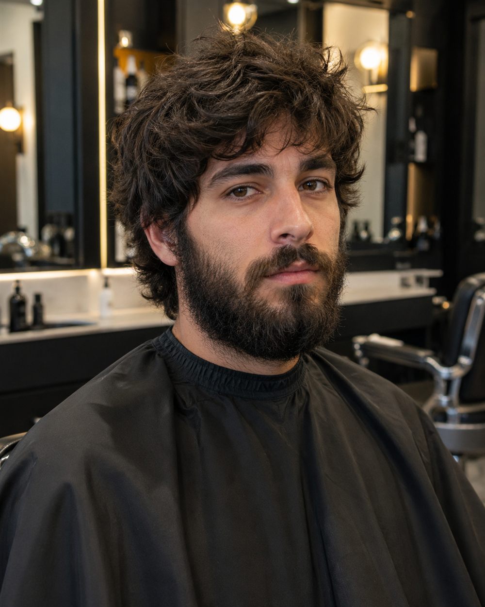 A client before his cut, hair grown out over the ears and a heavy beard.