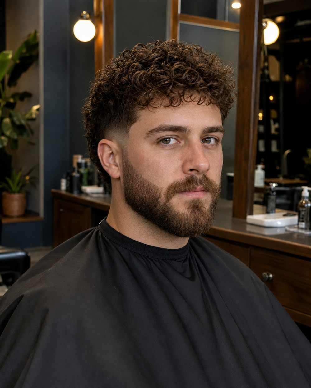 The same client after a curly top with a skin fade and a tightened beard line.