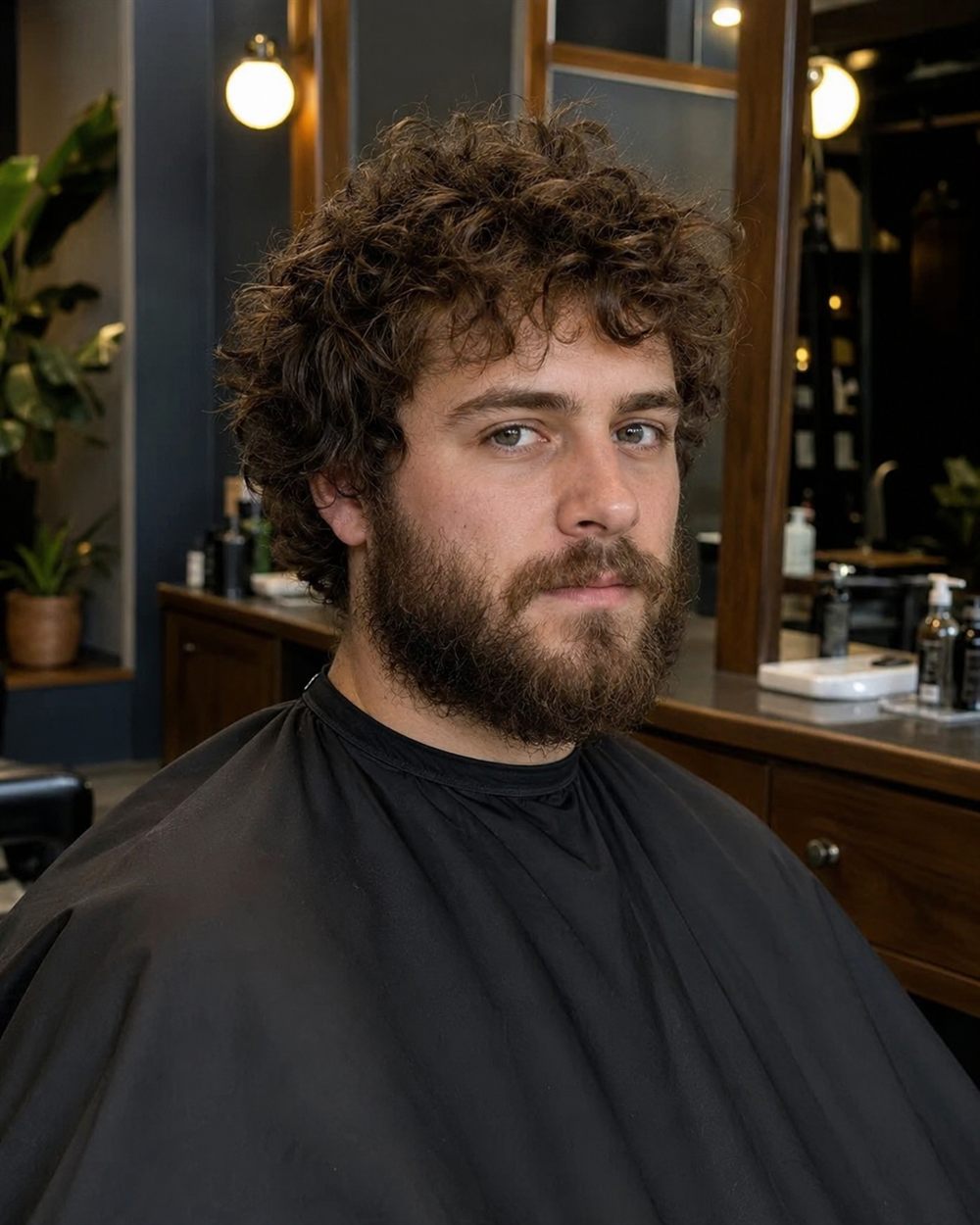 A client before his cut, curls grown long and uneven with an untrimmed beard.