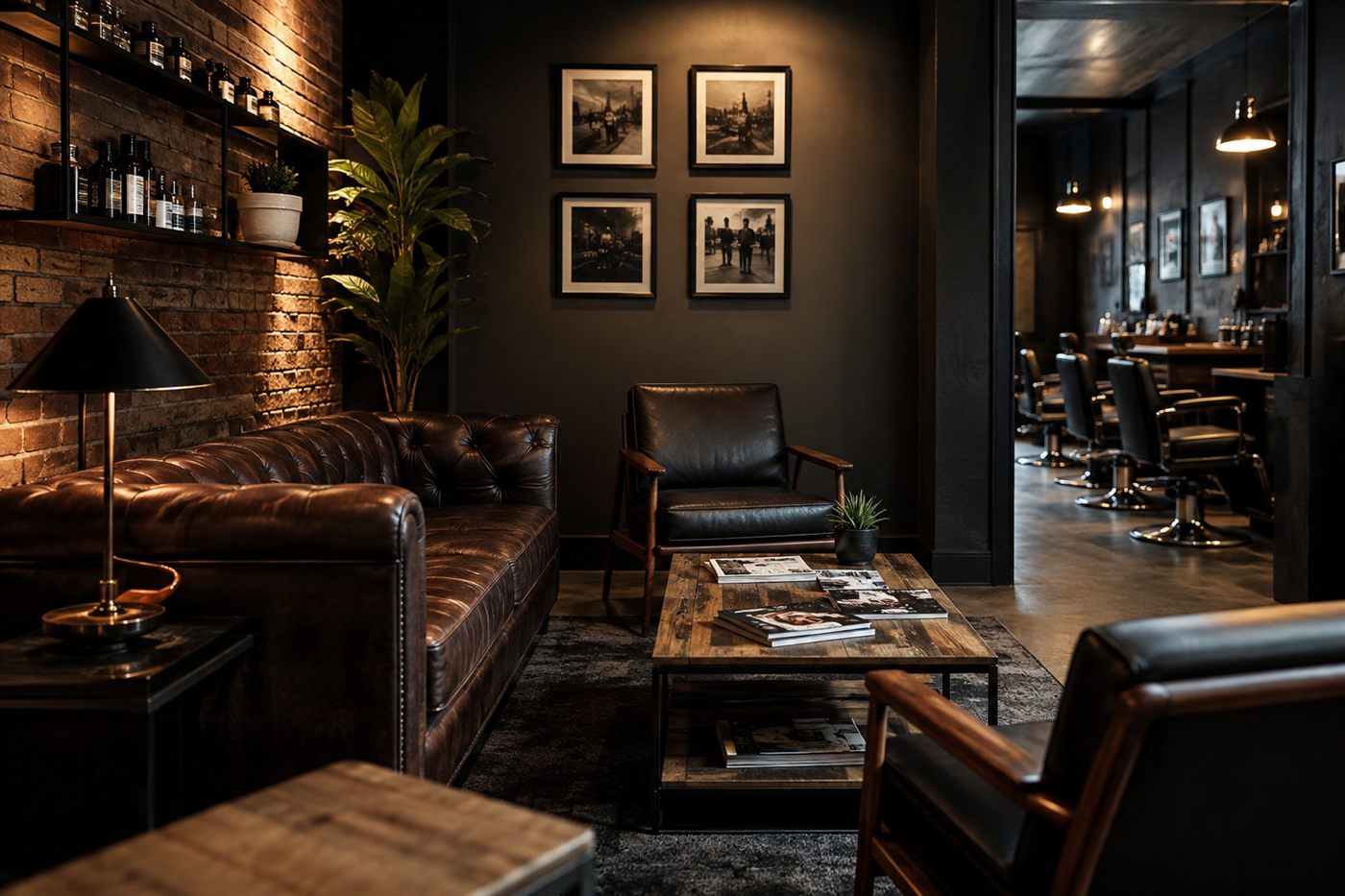 The waiting area with a leather sofa and framed prints.