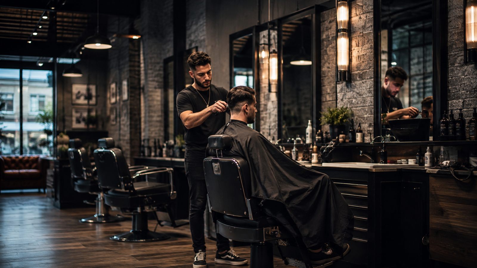 A barber working on a client's fade in the front window of the shop.
