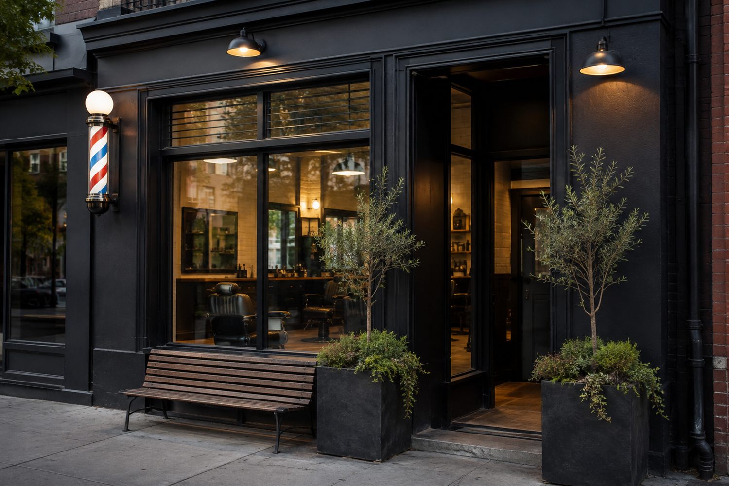The front of the shop on Leland Ave at dusk, lit from inside.