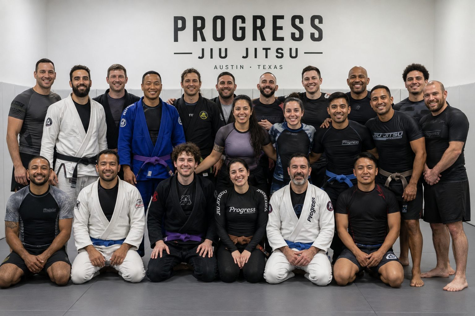 The whole academy gathered on the mat after a Saturday session.