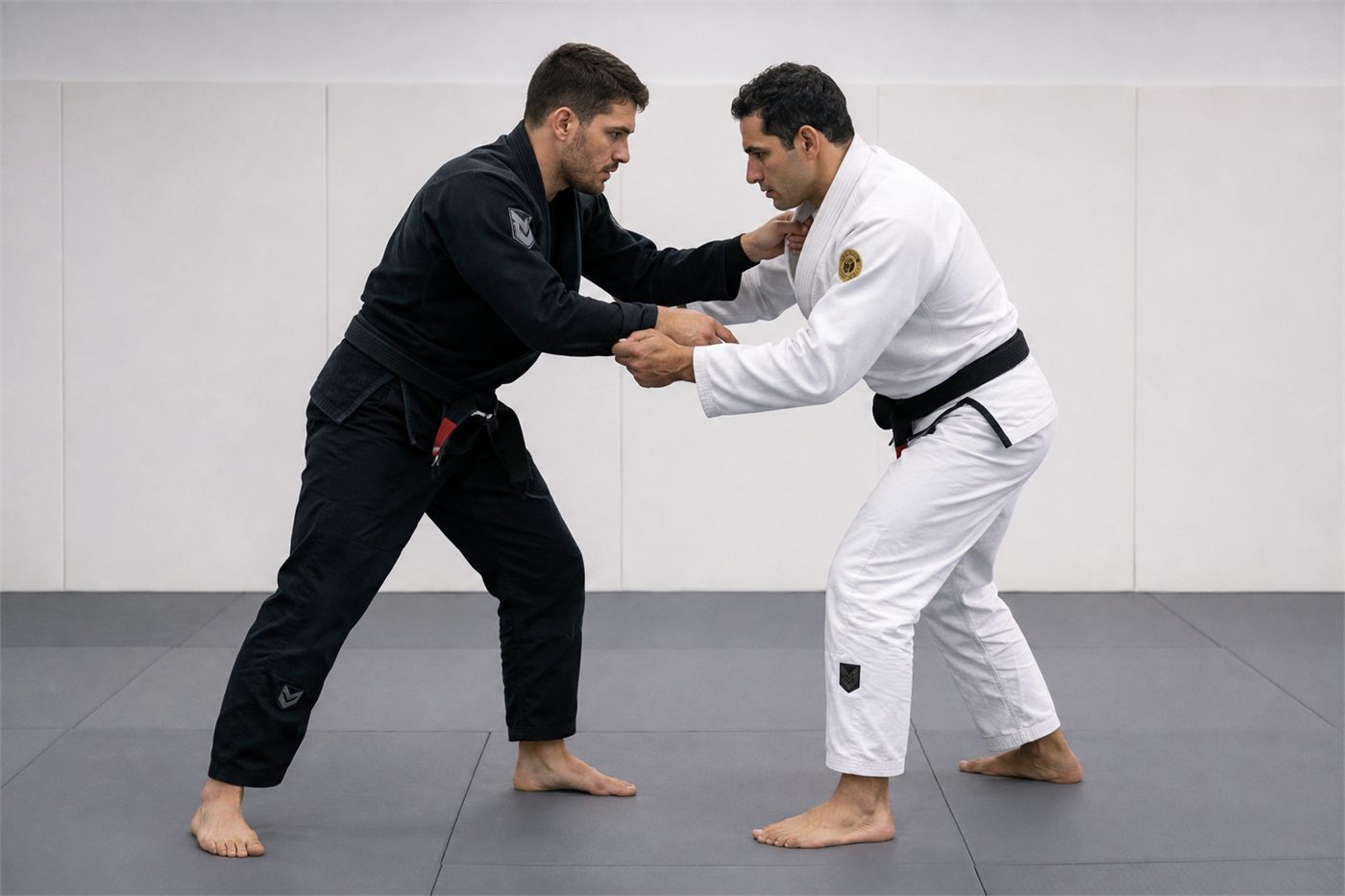 Two instructors demonstrating standing grips in the gi.