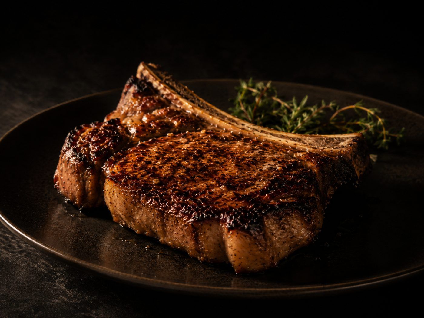 A bone-in chop resting with thyme