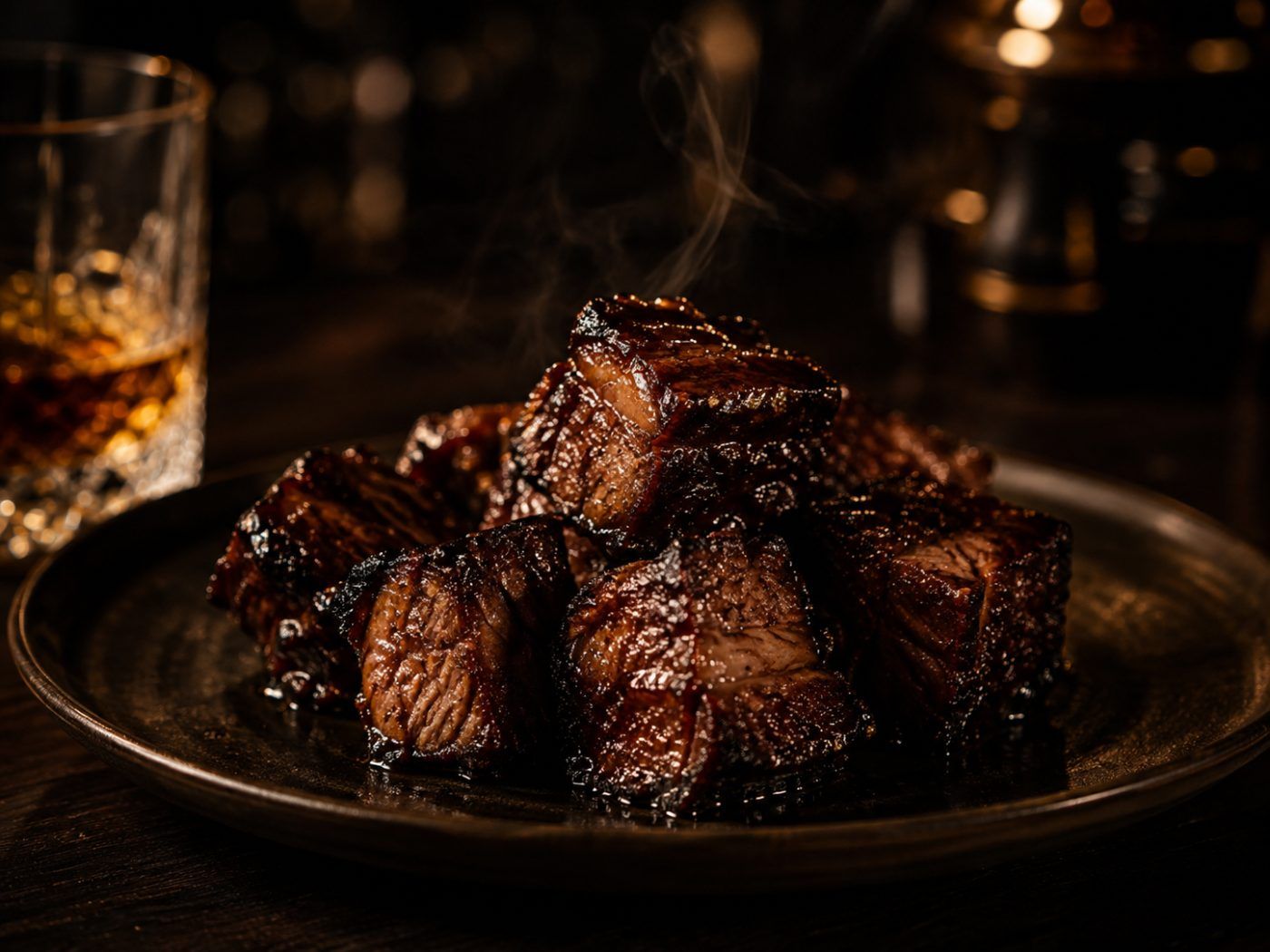 Caramelised beef burnt ends on a dark plate