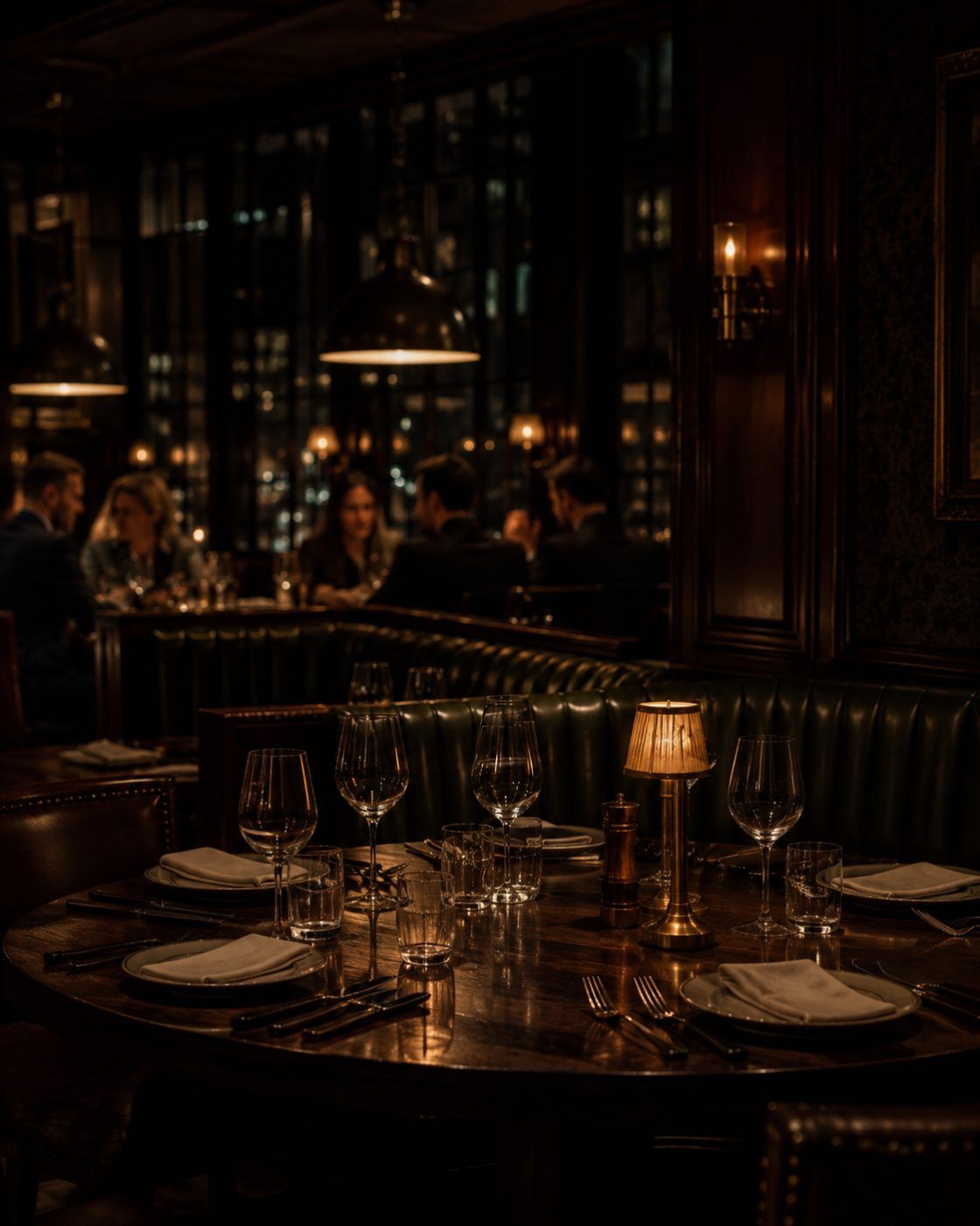 The dining room after dark, lamps lit over a set table