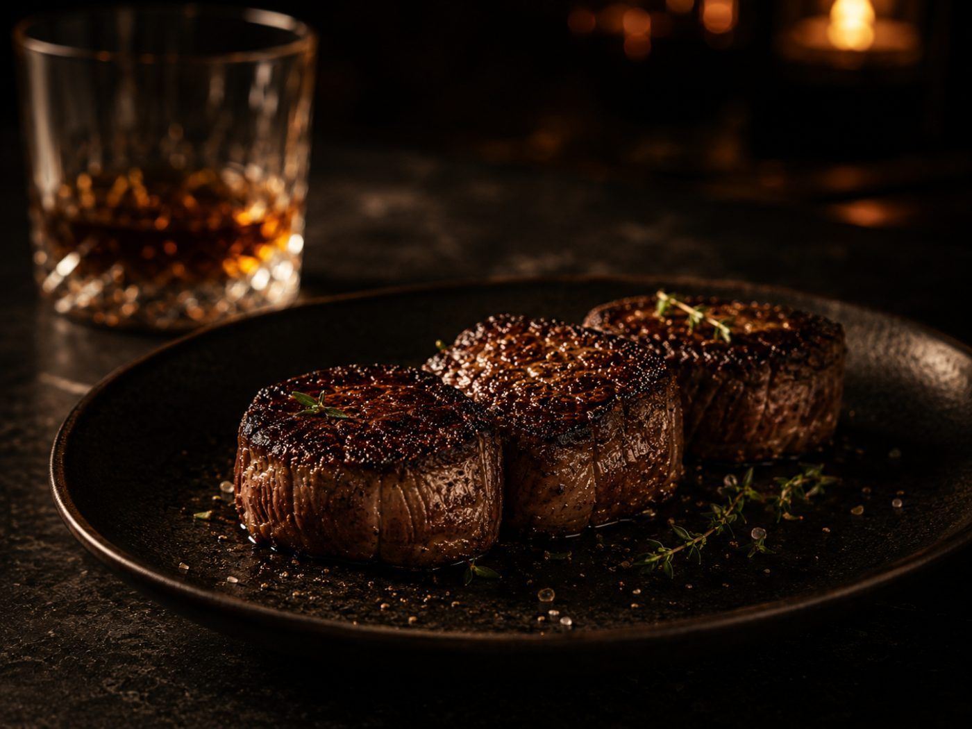 Filet medallions plated on dark ceramic