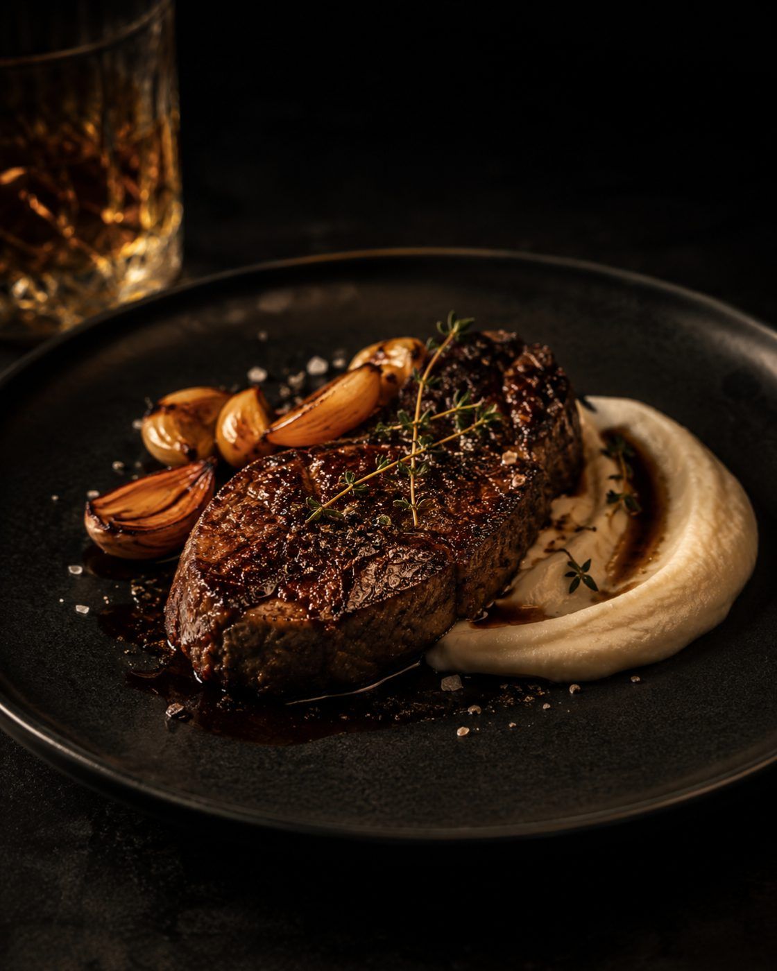 A grilled steak plated with celeriac purée