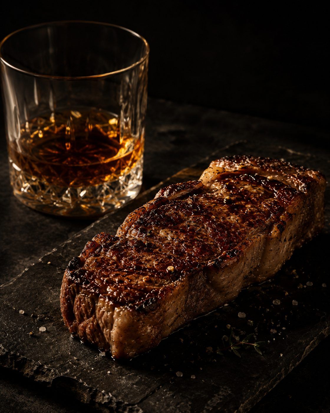 A strip steak resting on slate beside a whiskey neat