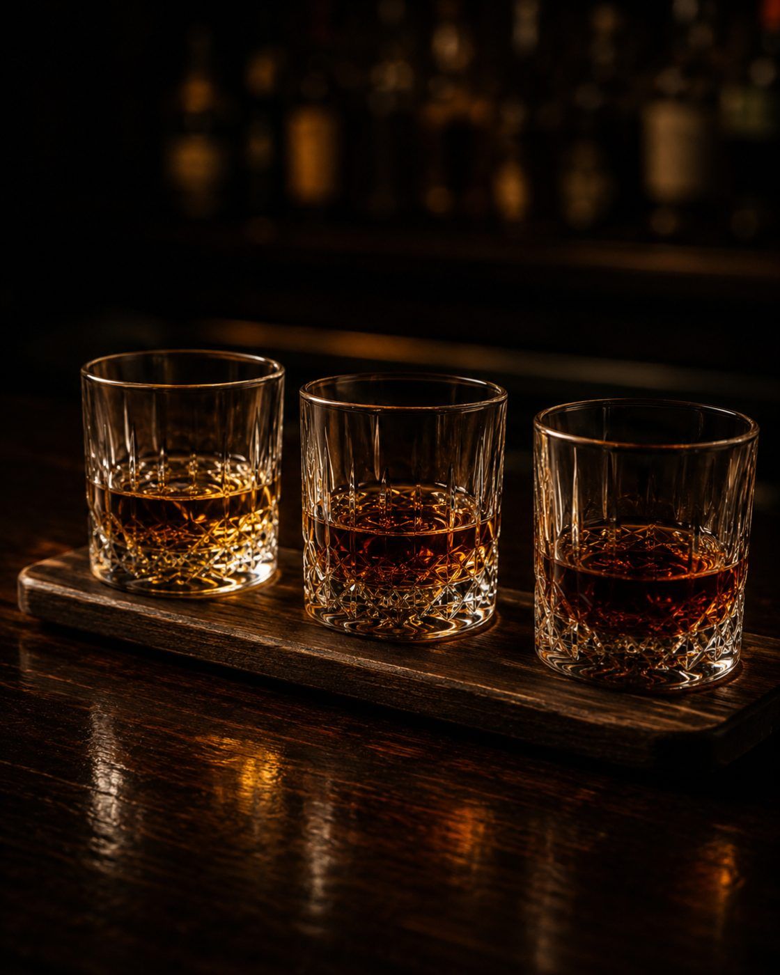 A three-glass whiskey flight on a wooden board