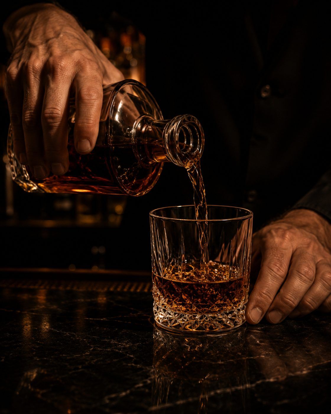 Whiskey being poured into a cut-crystal glass