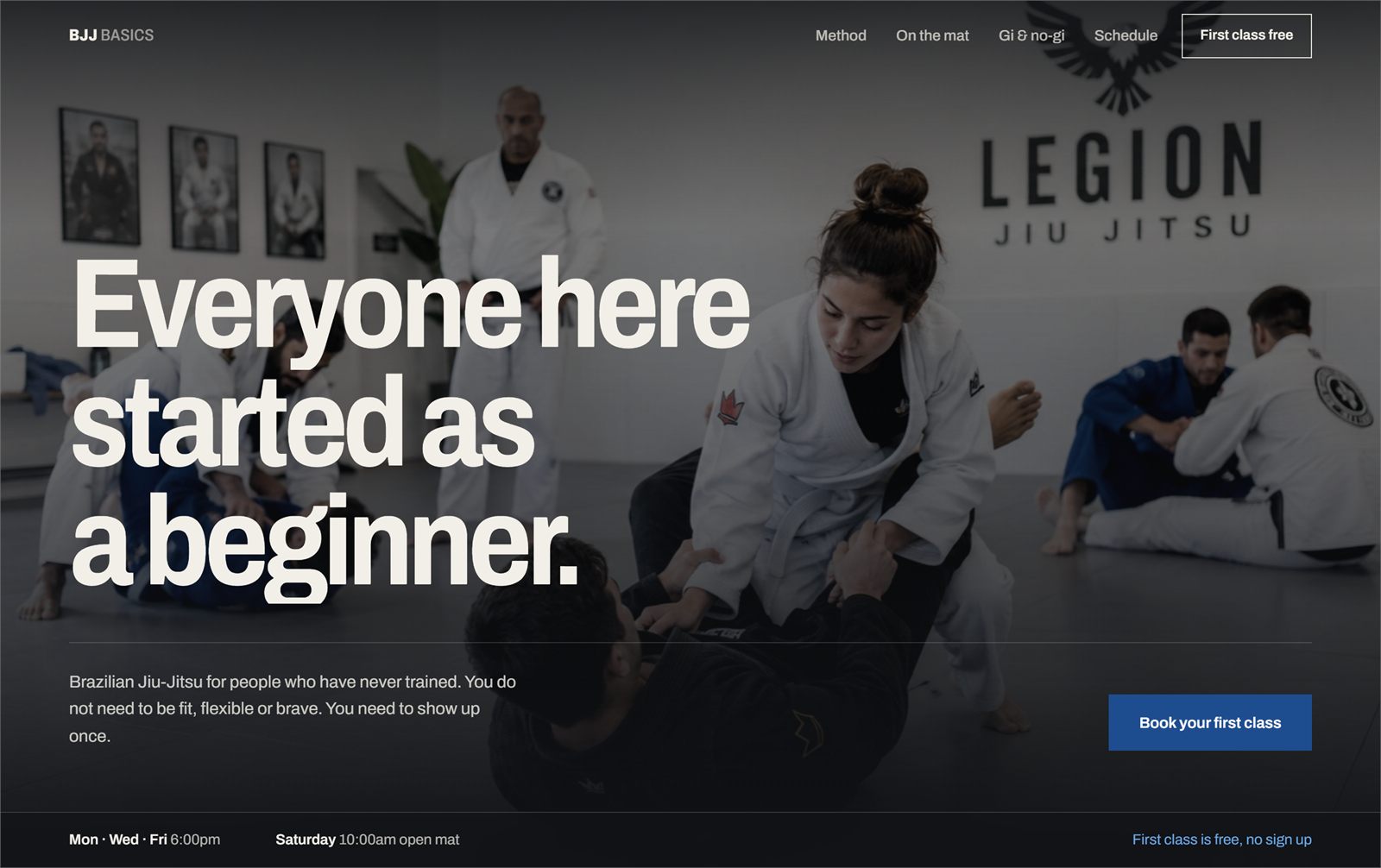 BJJ Basics academy site: a full bleed photo of a beginners class under the headline Everyone here started as a beginner.