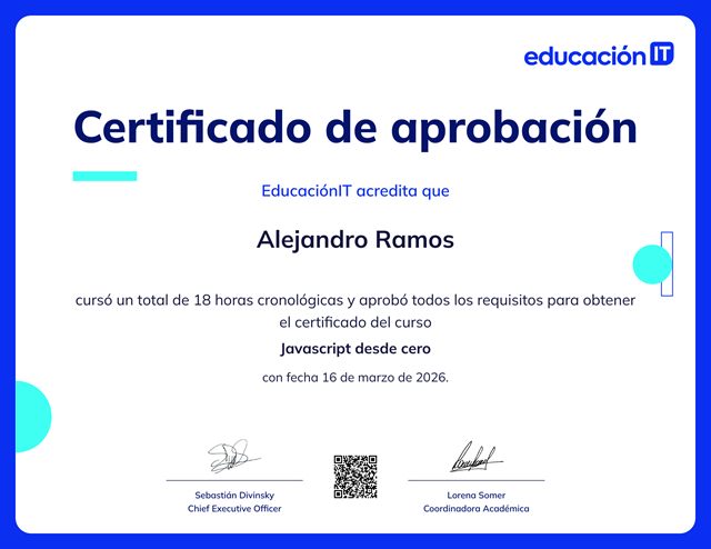 Certificate for Javascript desde cero, issued to Alejandro Ramos by EducaciónIT.