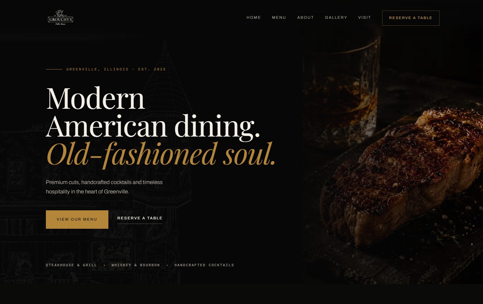Grouchy's Public House homepage: the heading Modern American dining, Old-fashioned soul in cream and gold beside a dark photo of a steak and a glass of whiskey.