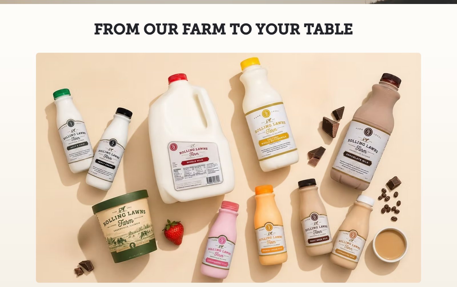 Rolling Lawns Farm homepage: the heading From Our Farm To Your Table above a photo of their milk bottles, cream and ice cream laid out on a warm background.