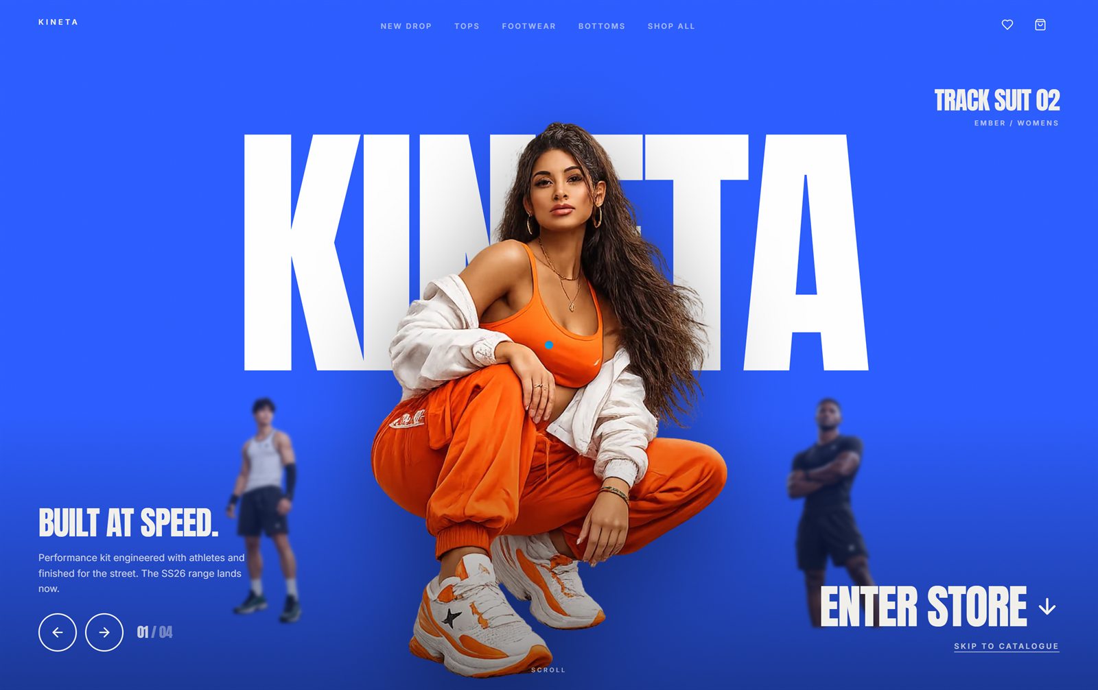 KINETA storefront: the brand name set very large in white across a cobalt field, with an athlete in orange kit standing in front of it.