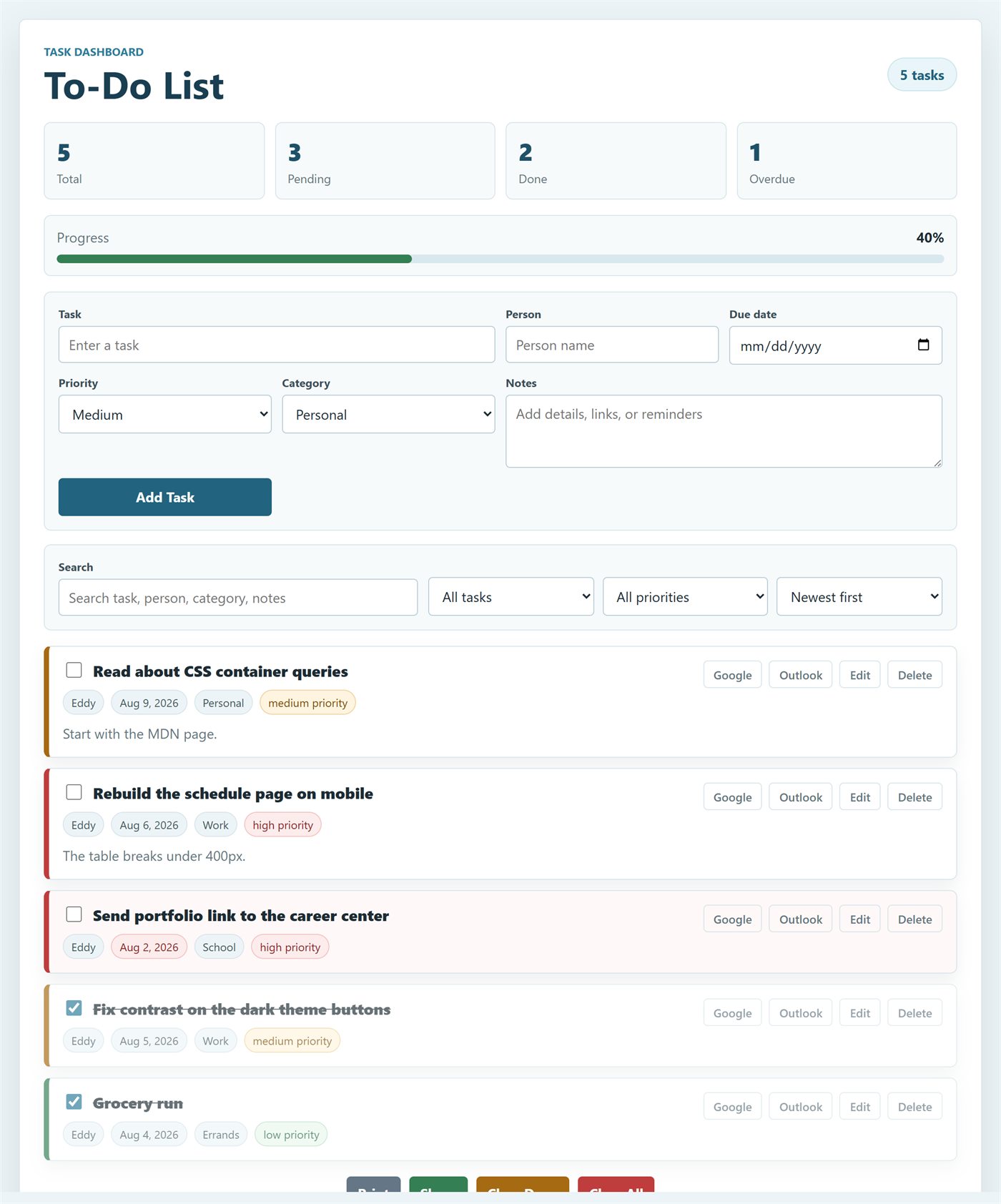 Task Dashboard showing a list of tasks with owners, due dates and priority tags, above a progress bar.