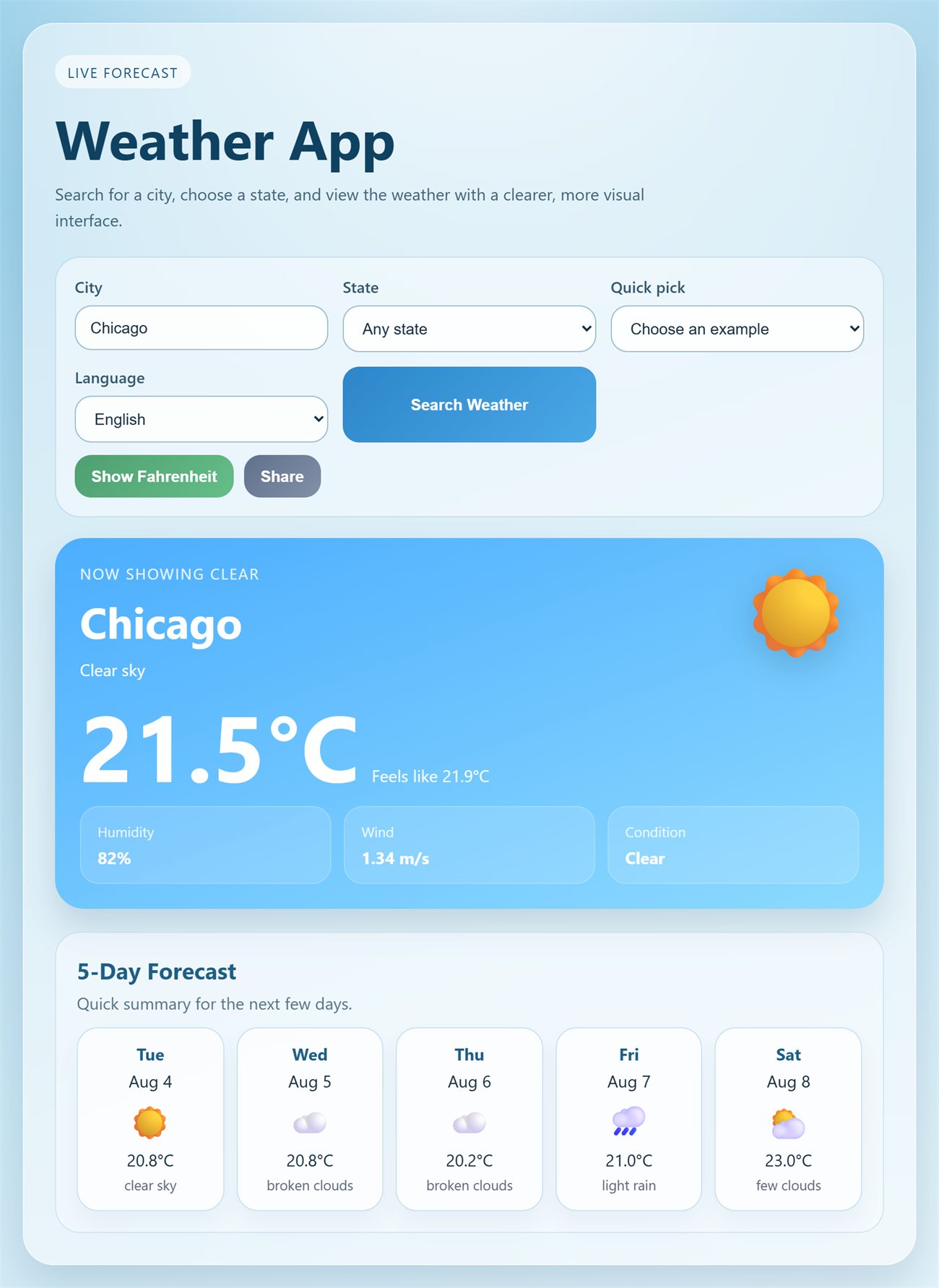 Weather App showing the current conditions for a city above a five day forecast.