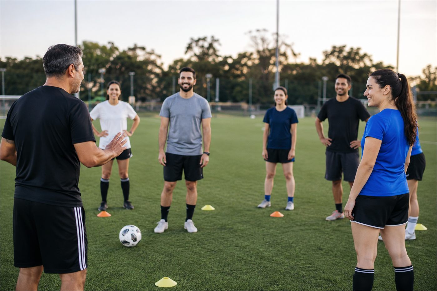 A coach setting up a drill while the group listens on the field.