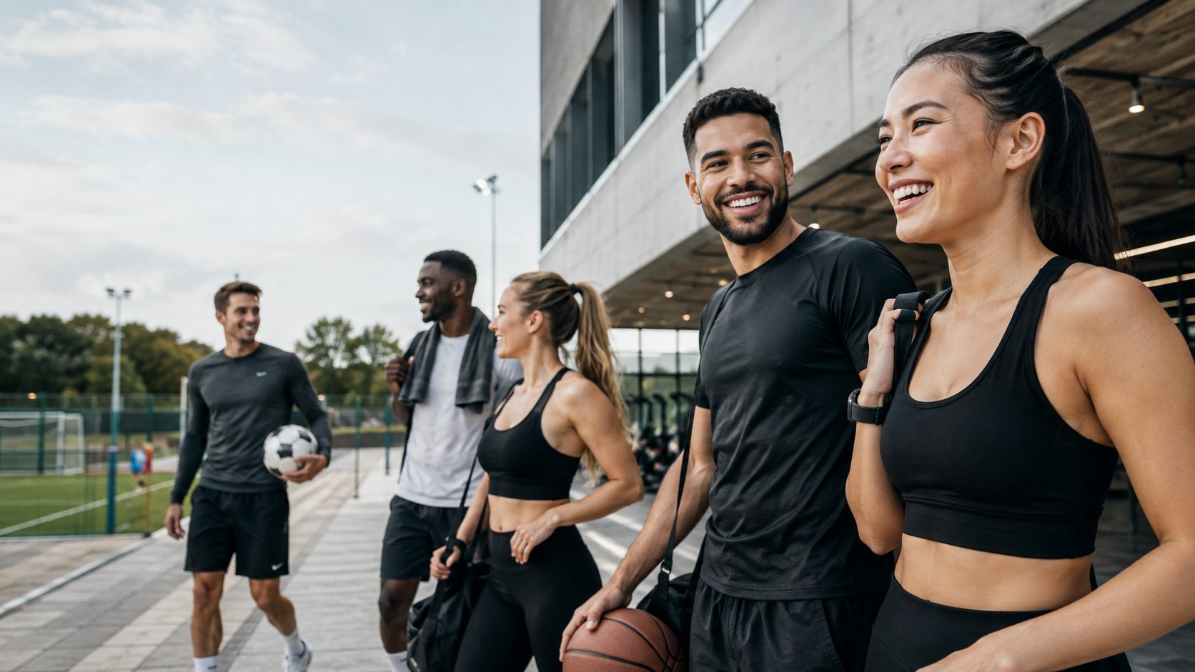 Members of the club walking together after a session, carrying a soccer ball and a basketball.