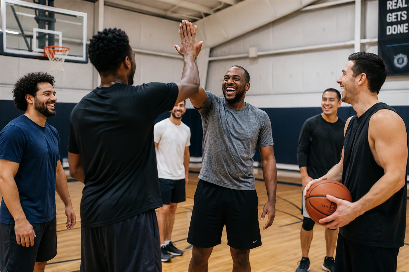 Two members celebrating at the end of a basketball session.