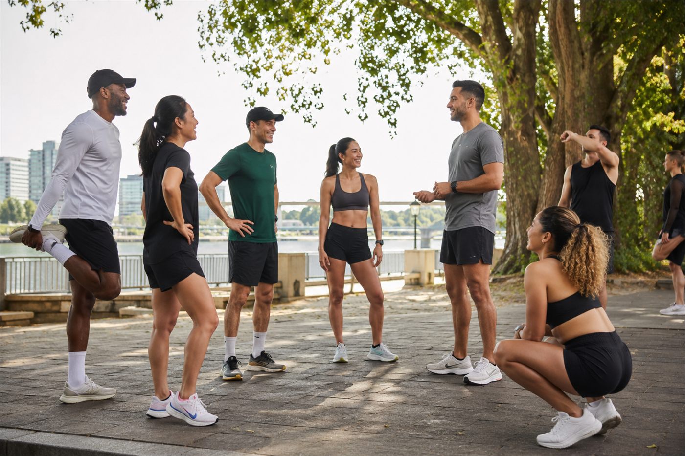 The running group gathered and talking before heading out.